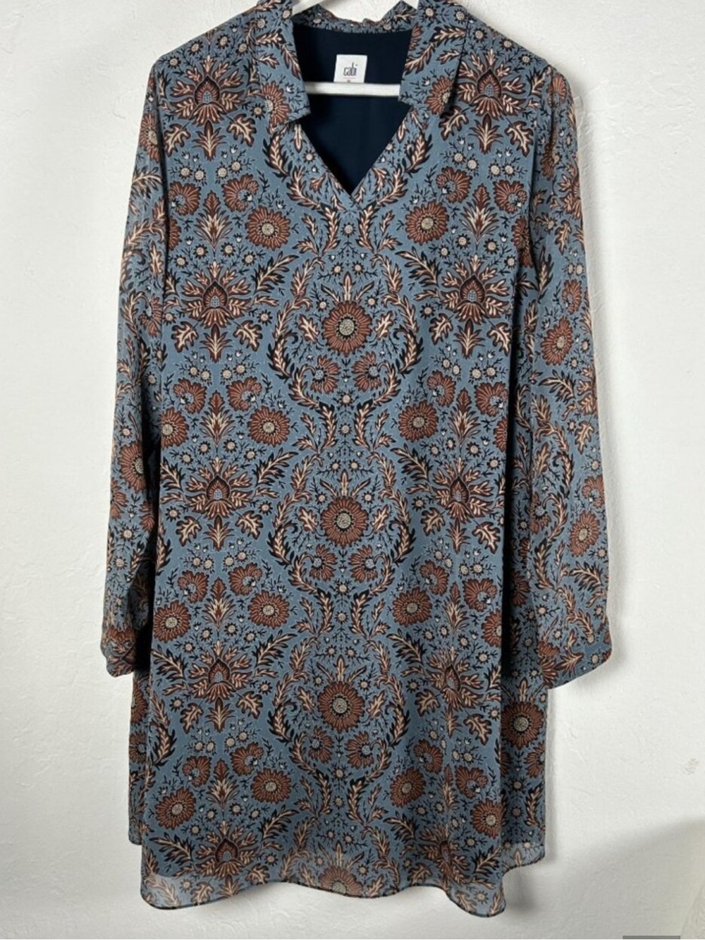 Cabi Womens Provincial Tunic Dress Small Blue Brown Floral Shift Style 3295 Boho